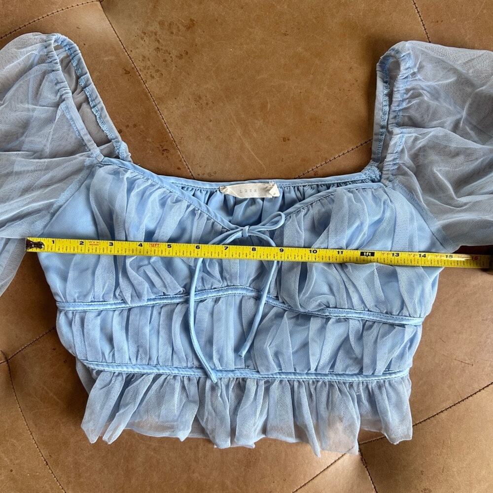 Fairy Milkmaid Mesh Babydoll Crop Top Puff Sleeve Romantic Blue Coquette S - Picture 7 of 10